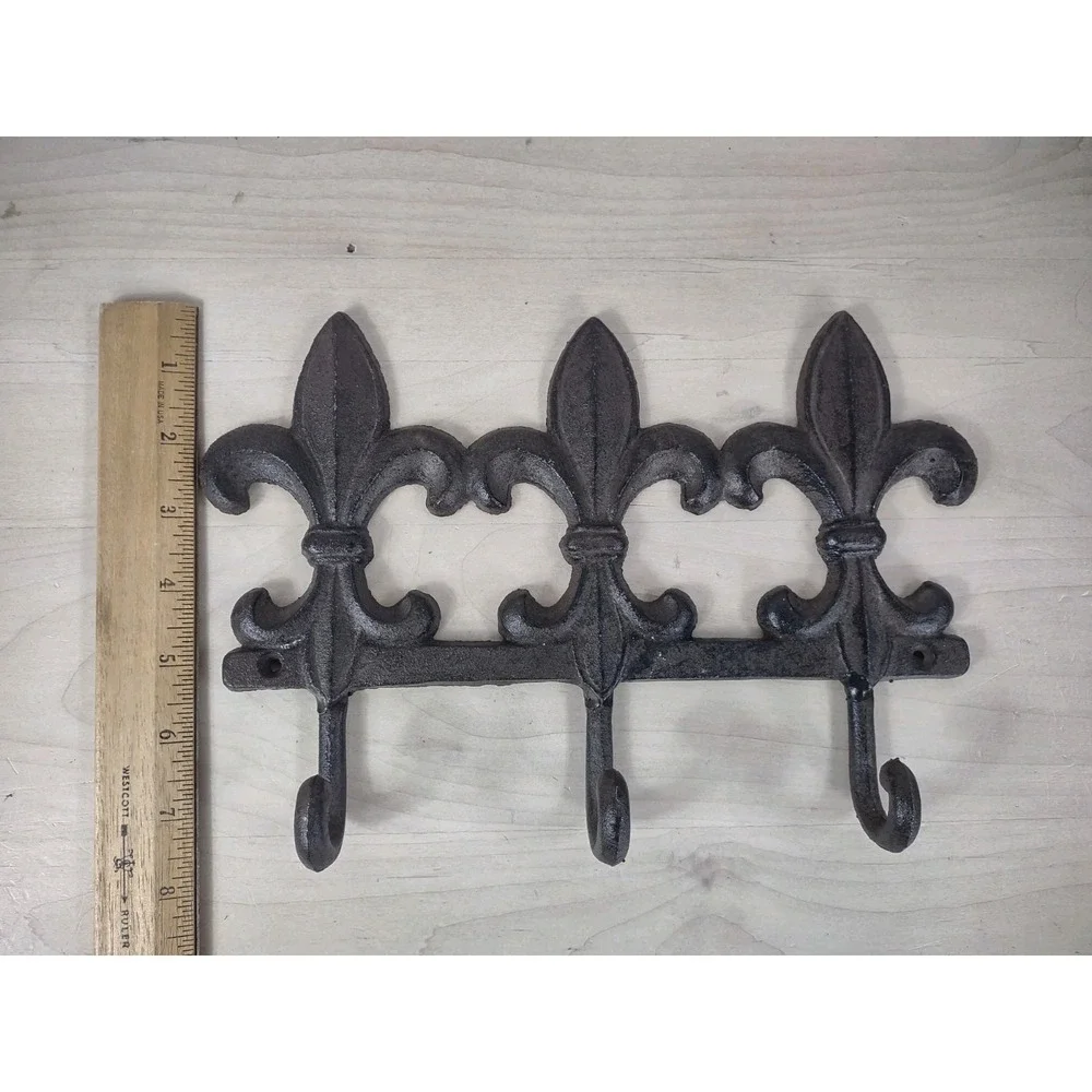 Fleur De Lis Scroll Triple Wall Hook Coat Rack Key Towel Brown Cast Iron